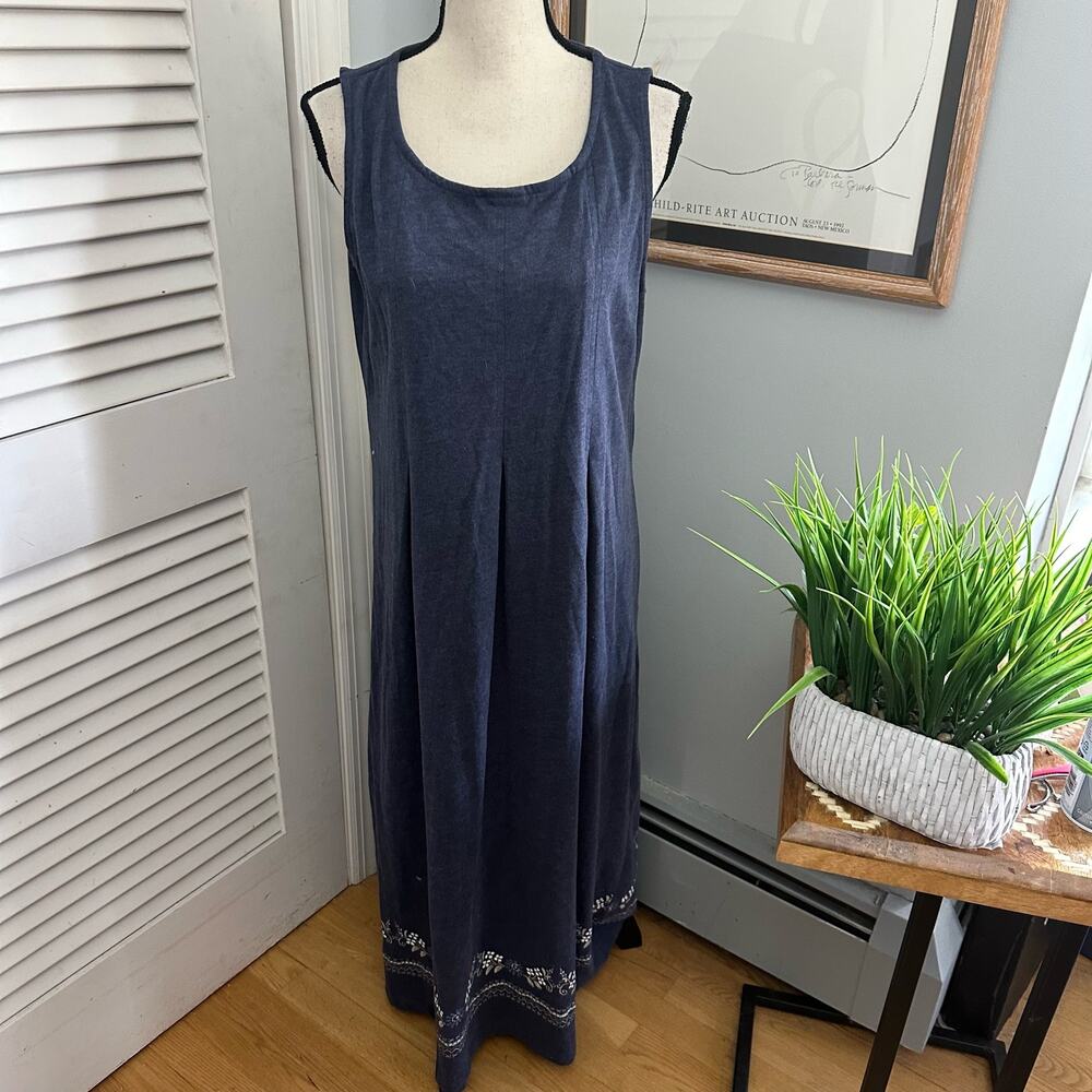 Vintage Liz & Co Dress Womens Large Blue Jersey Knit Overall Bib Retro 90s Boho